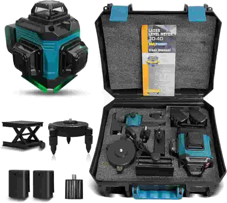 Nível Laser 16 Linhas Verde, 360 Graus com Plataforma Magnética, Kit Completo com 2 Baterias, Carregador e Estojo, para Construção, Instalação e Decoração