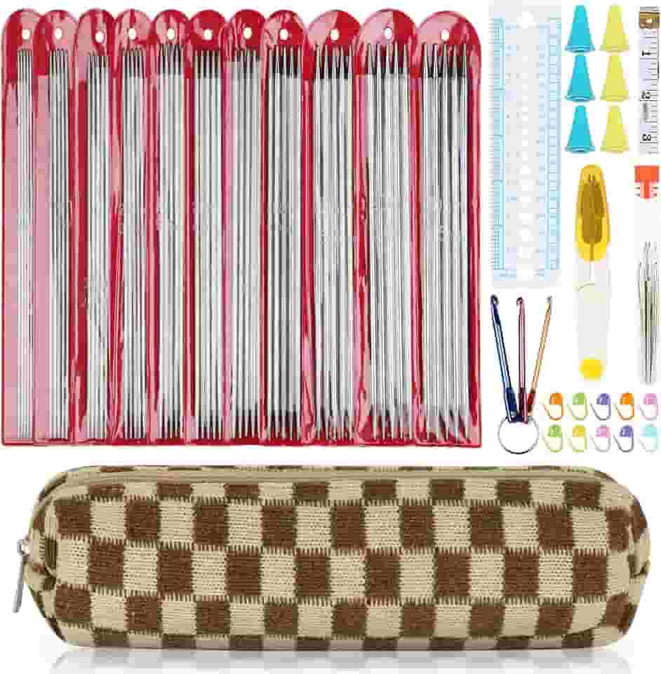 Aeelike Agulhas de Tricô de Ponta Dupla de 55 Unidades - Conjunto de Agulhas de Tricô Curtas Agulhas de Tricô Retas de Ponta Dupla para Iniciantes - Conjuntos de Agulhas de Tricô de Metal de Aço Inoxi