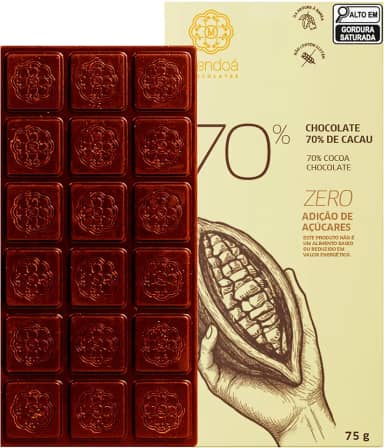 Mendoá, Barra de chocolate premium 70% de cacau, Zero Açúcar, 75 gramas