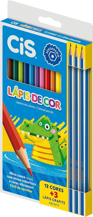 Lápis de Cor CIS, Caixa com 12 cores + 3 lápis grafite HB N2, Multicolorido, 44.8003