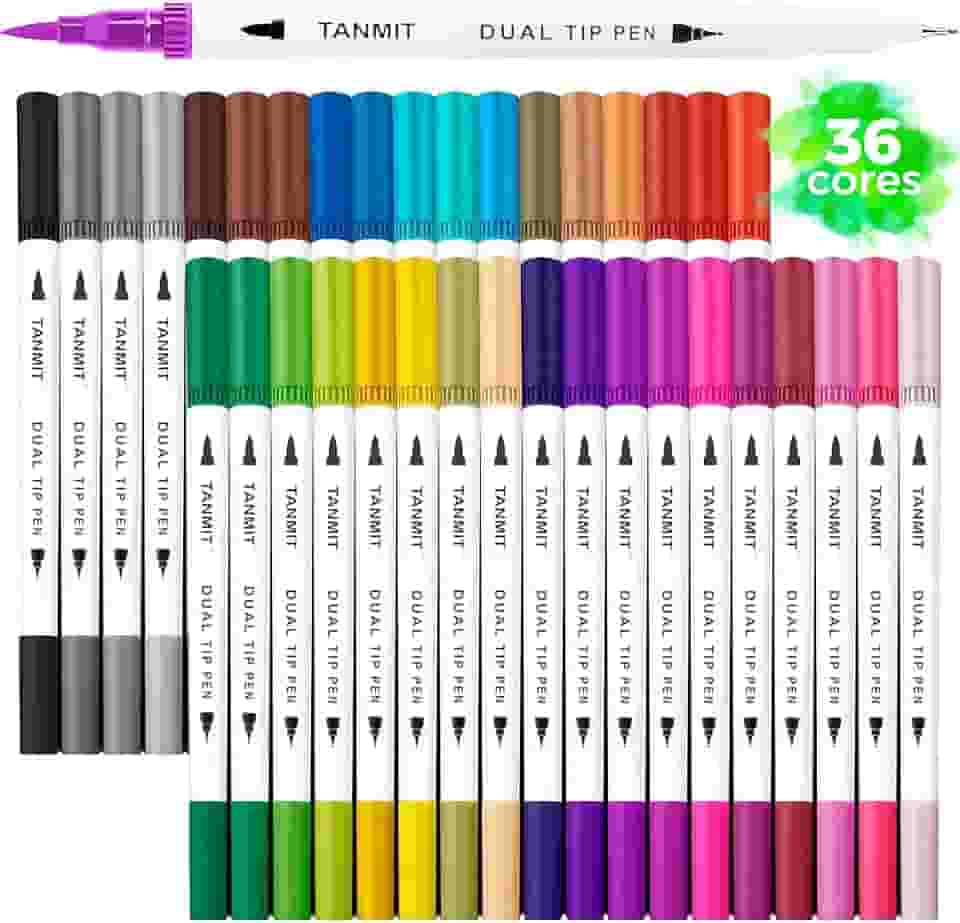 Canetas Brush Pen e Ponta Fina 2 em 1 Kit 36 Cores Profissional para Lettering Caligrafia e Desenho Canetinhas Coloridas Dual Tip para Artistas Estudantes e Adultos