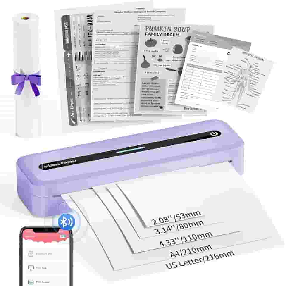 COLORWING Impressoras portáteis sem fio para viagens, mini impressora compacta 300DPI sem tinta, impressora térmica Bluetooth compatível com smartphone Android e iOS e tablet e laptop - roxo