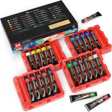 ARTEZA Conjunto de tintas a óleo, 24 cores em tubos de 12 ml, suprimentos de pintura a óleo ricamente pigmentados para tela, suprimentos de arte para artistas iniciantes e profissionais, kit de pintura a óleo