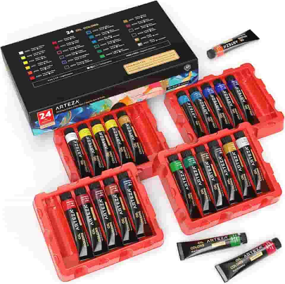 ARTEZA Conjunto de tintas a óleo, 24 cores em tubos de 12 ml, suprimentos de pintura a óleo ricamente pigmentados para tela, suprimentos de arte para artistas iniciantes e profissionais, kit de pintura a óleo