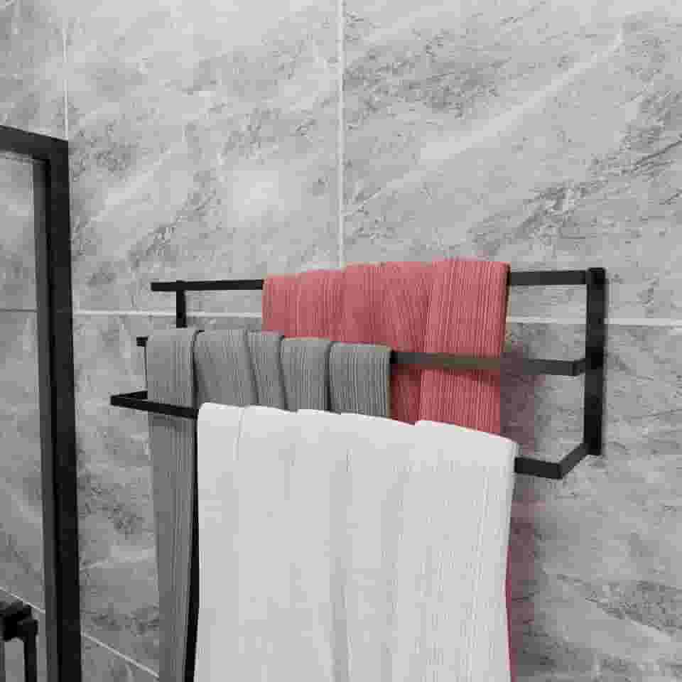 Toalheiro Parede Banheiro Porta Toalha de Banho Triplo 60cm Preto Fosco