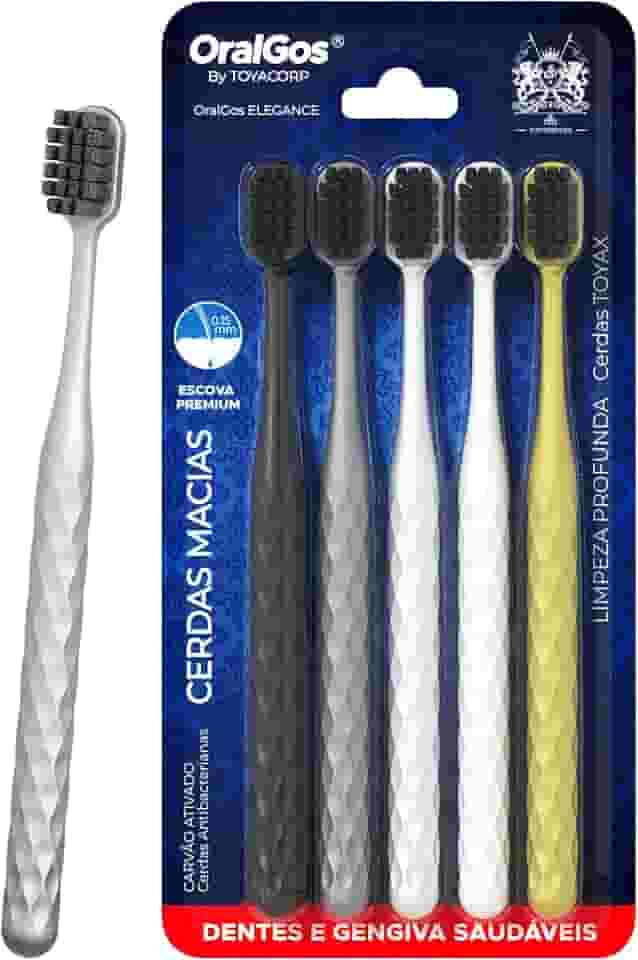 ELEGANCE Escova de Dente Adulto, 5 Unidades, Cerdas de Carvão Ativo, Ultra Macia, Para Gengivas Sensíveis, Multi-Cores, Prática para Viagem e Uso Familiar
