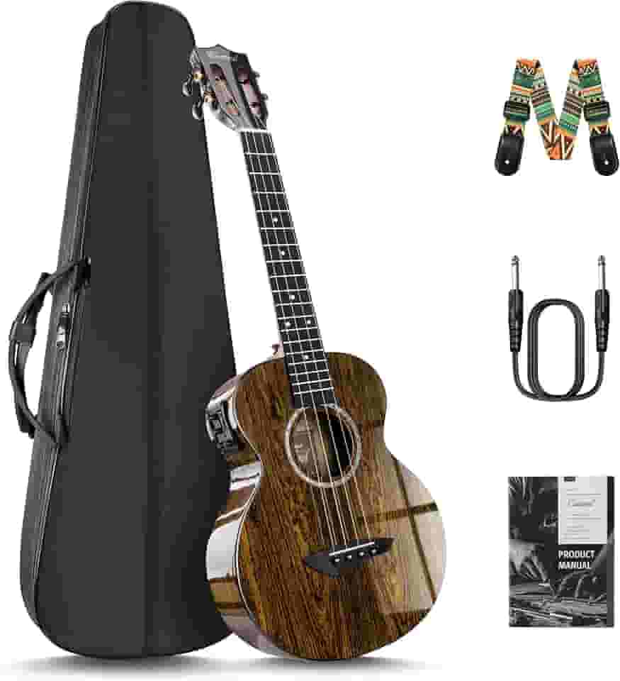 O ukulele elétrico e acústico da Caramel, TEG95, Butterfly Bocote, brilhante | Kit ukelele profissional feito à mão de 66 cm com acessórios