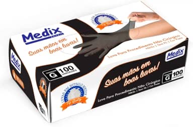 Luva Nitrilica Preta Sem Pó Medix Brasil Tamanho G - Caixa Com 100 Unidades