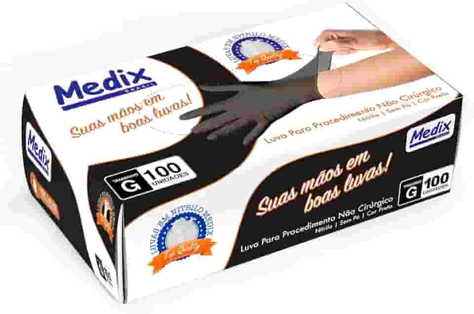 Luva Nitrilica Preta Sem Pó Medix Brasil Tamanho G - Caixa Com 100 Unidades