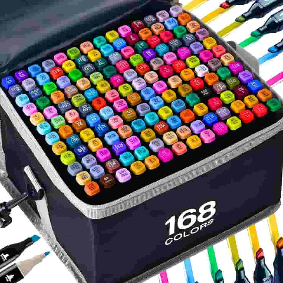 Canetas para Pintar Bobbie Goods e Livro de Colorir, Kit Canetinhas com 168 Cores - Ponta Dupla, Secagem Rápida e Não Tóxicas - Ideais para Destravar a Criatividade e Presente Criativo Antiestresse