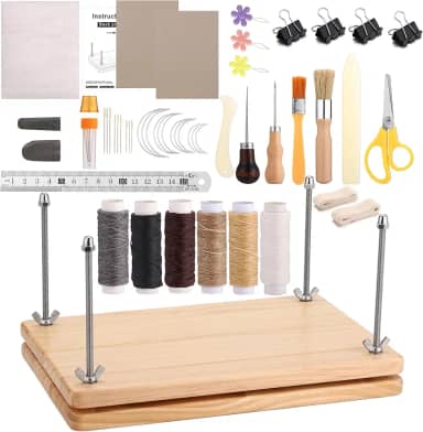 Yoption 53 kits de encadernação de livros, prensa de livros de madeira 29 x 19 cm, materiais de encadernação de livros com pasta de osso, furador, agulhas, linha encerada para encadernação de livros
