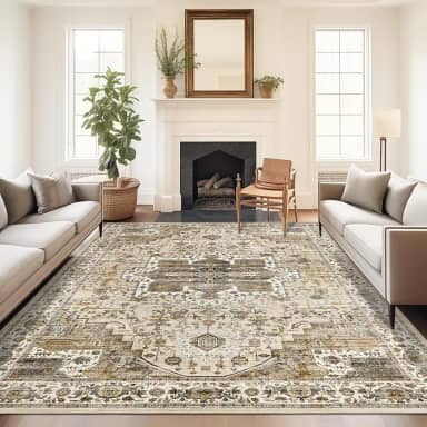 Tapete 5x7, resistente a manchas, lavável à máquina, tapetes com suporte antiderrapante, tapetes boho persas vintage para quarto, sala de estar, tapete grande macio de pelo baixo (bege/marrom, 1,52 m x 18,7 m)