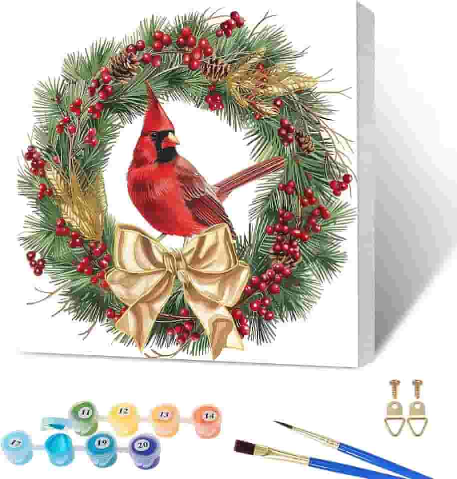 Kits de pintura emoldurada por números para adultos pássaros de Natal, kits de pintura a óleo de flores acrílicas por números para iniciantes com pincéis, tela de arte para decoração de casa 15 x 15
