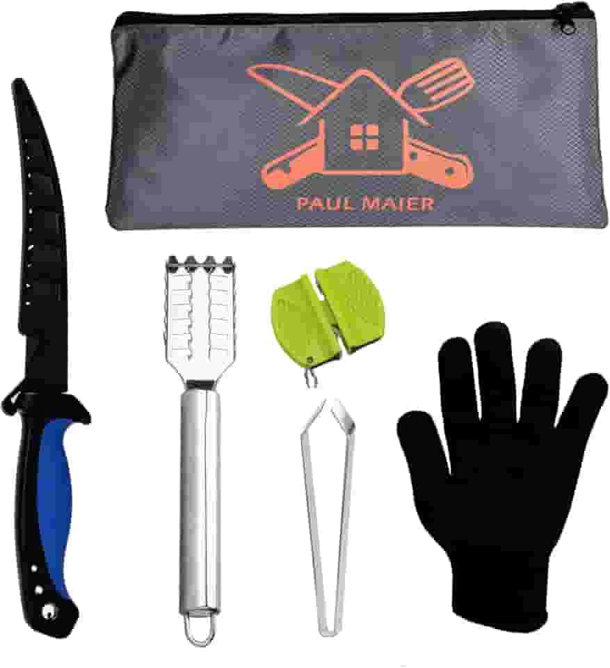 Kit de limpeza de peixe, 6 peças, faca de filete de peixe com bainha, luvas resistentes a corte, removedor de escamas de peixe, pedra de amolar de dupla face, pinça de espinha de peixe, bolsa de