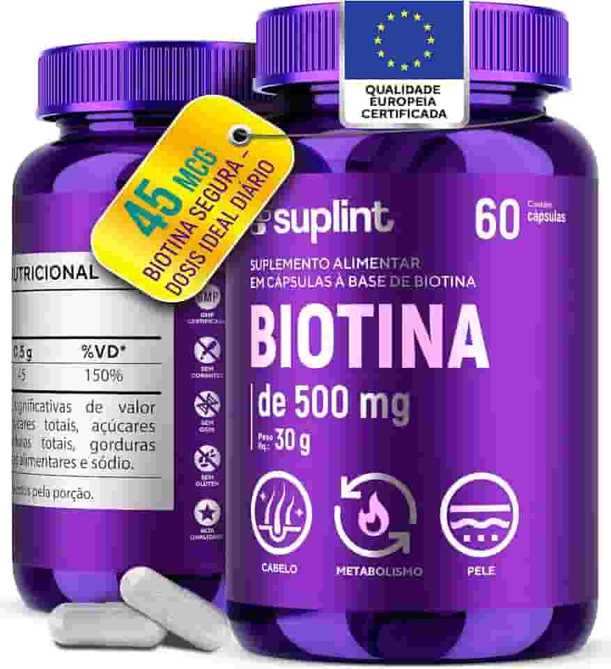 Biotina 500 MG | Complexo de Beleza para Cabelo, Pele e Unhas | Suplemento para Crescimento Capilar | Vitaminas Sem Glúten | Desenvolvido na Holanda | Vitamina B para cabelo e unha | 60 Cápsulas
