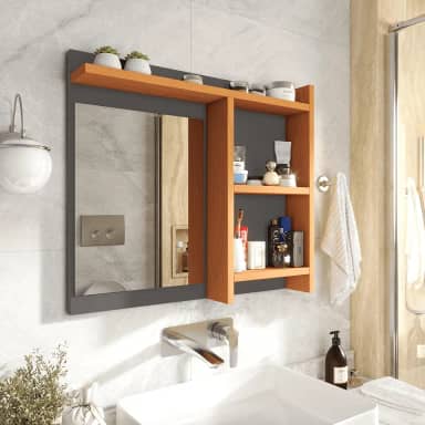 Genérico, Espelheira de Banheiro Armarinho Organizador com Prateleira Nicho Nioki - Cinza com Nature