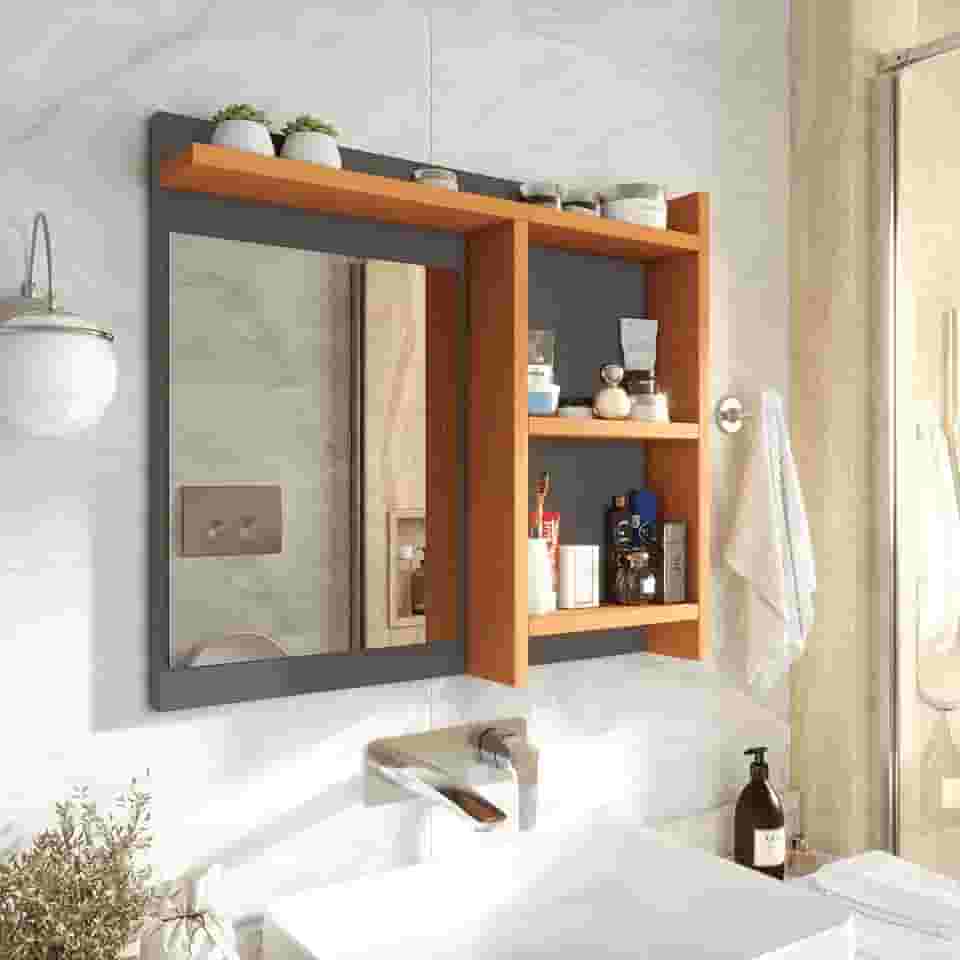 Genérico, Espelheira de Banheiro Armarinho Organizador com Prateleira Nicho Nioki - Cinza com Nature