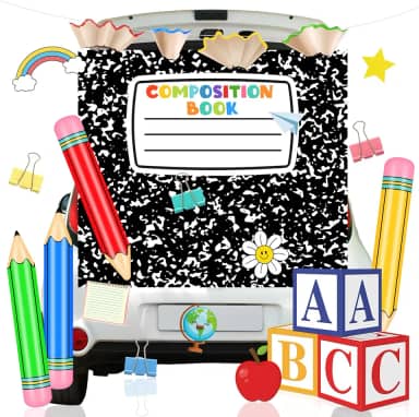 23 Pcs Back to School Trunk or Treat Car Decor Composition Notebook Banner Inflatable Pencil Balloon Boxes Pencil Shaving Stationery Cutout for Car Welcome Classroom Door Party Supplies