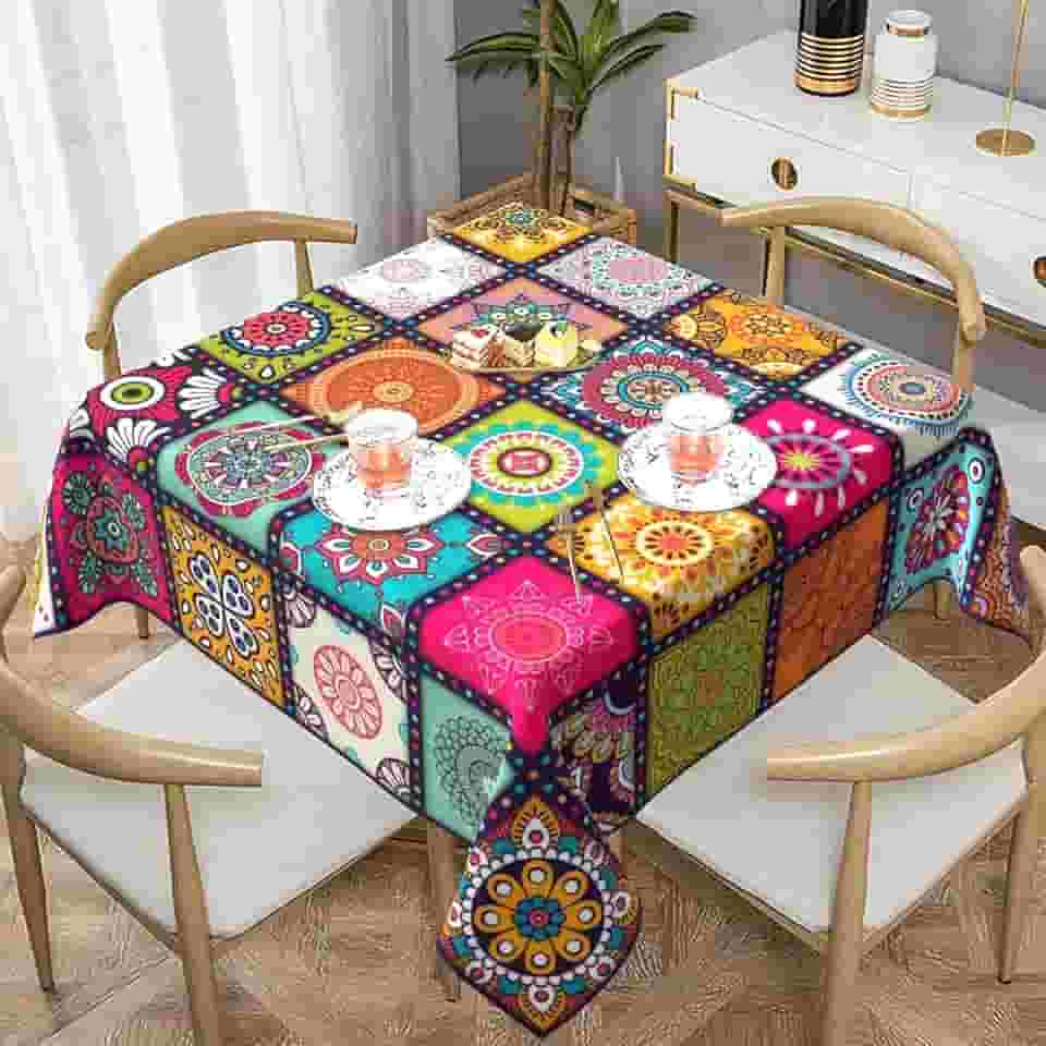 Toalha de mesa quadrada boho, decoração de cozinha boêmia, 152 cm, poliéster colorido, impermeável, resistente a manchas, mandala mexicana, marroquina, piquenique, acampamento, ambientes internos e