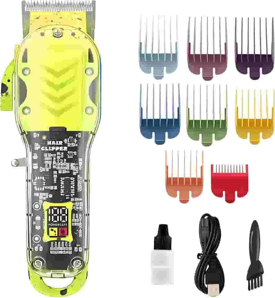 Maquina de Cortar Cabelo Profissional, Aparador de Cabelo/Barba para Homens sem fio,Cortador de Cabelo Elétrico Recarregável por USB com 8 pentes,Visor LCD (Amarelo)