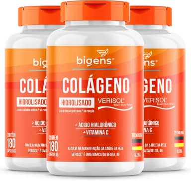 Colágeno Hidrolisado Verisol com Ácido Hialurônico e Vitamina C, Bigens, 180 Cápsulas (Kit 3)