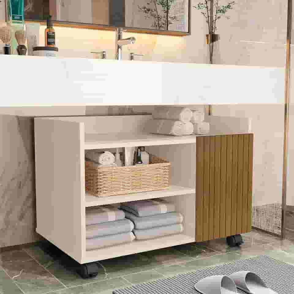 gabinete multiuso com rodízios nichos e gaveta ripado de chão para banheiro (off/ripado)