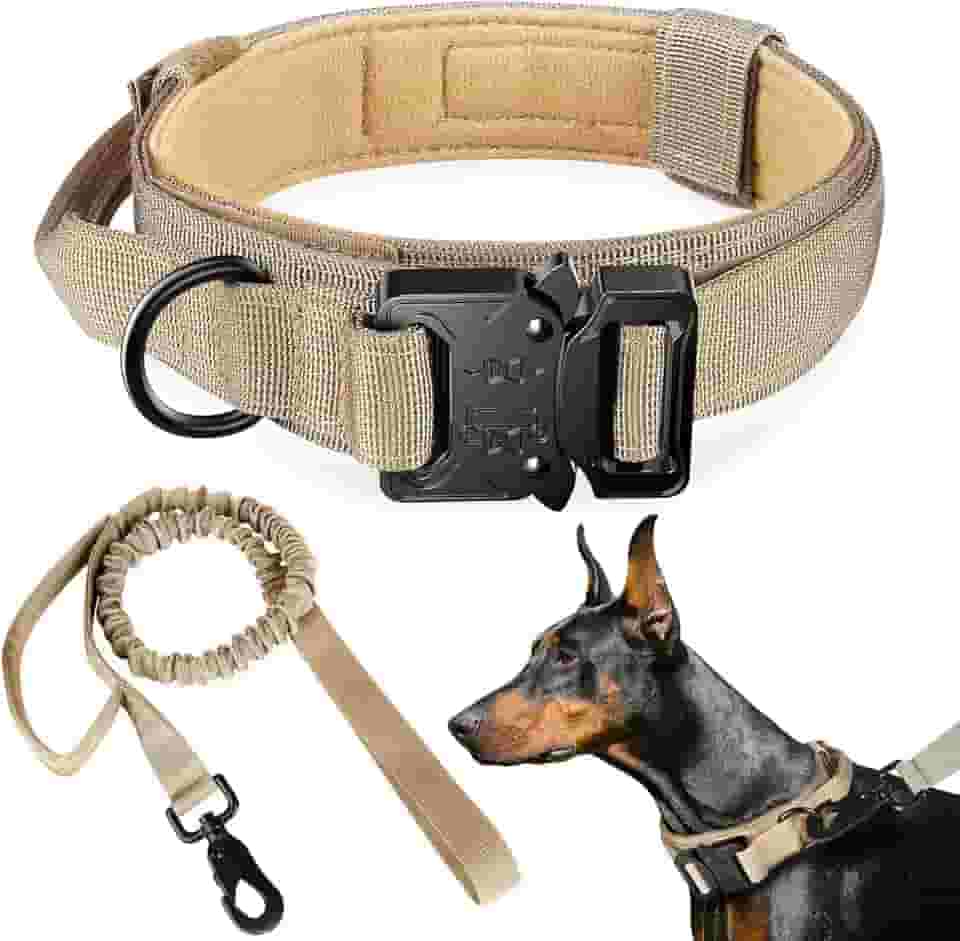 Coleira e guia táticas para cães, coleira de nylon para treinamento ajustável com alça de controle para cães de médio e grande porte para treinamento diário e caminhadas(M/Bege/Com Guia)
