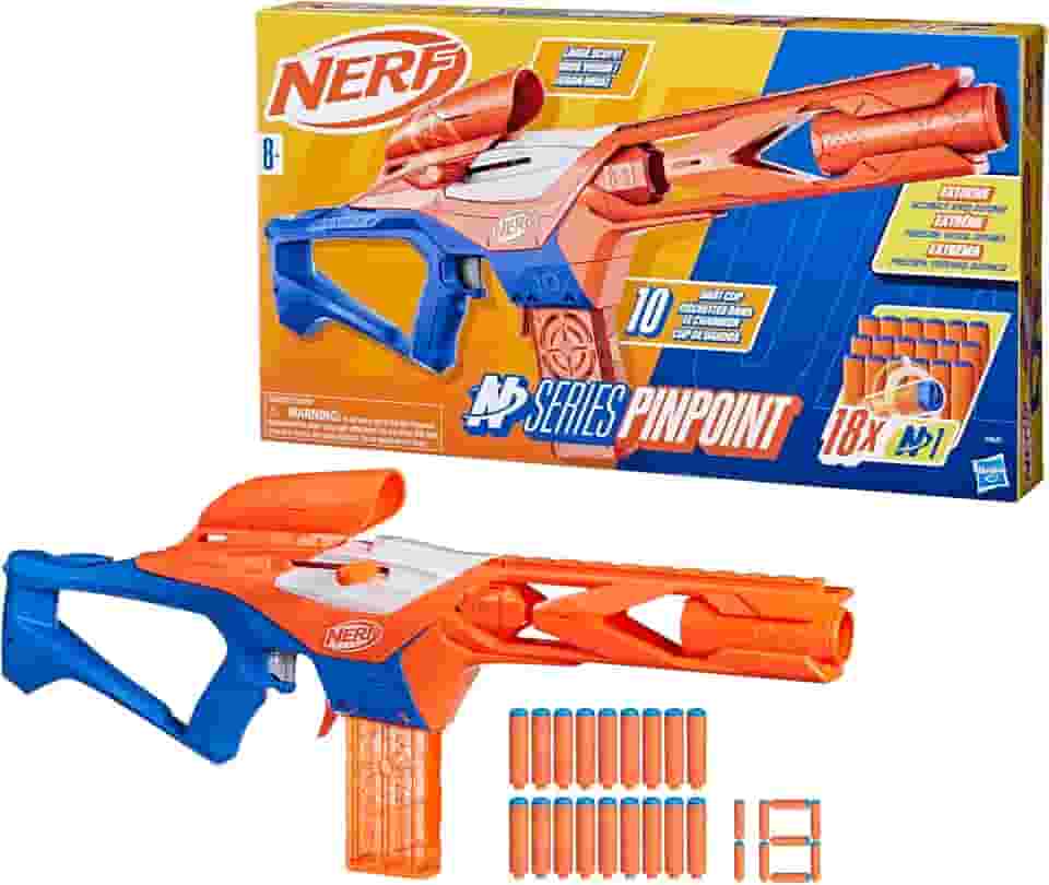Nerf N Series Pinpoint Lançador com 18 dardos Nerf N1 (compatíveis apenas com os lançadores N Series), em plástico azul e laranja, para crianças acima de 8 anos