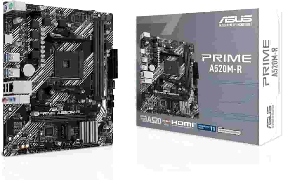 ASUS Placa-mãe Prime A520M-R AMD Ryzen AM4 mATX com suporte M.2, Realtek 1Gb Ethernet, HDMI, SATA 6Gbps, suporte USB 5Gbps traseiro e frontal, preto
