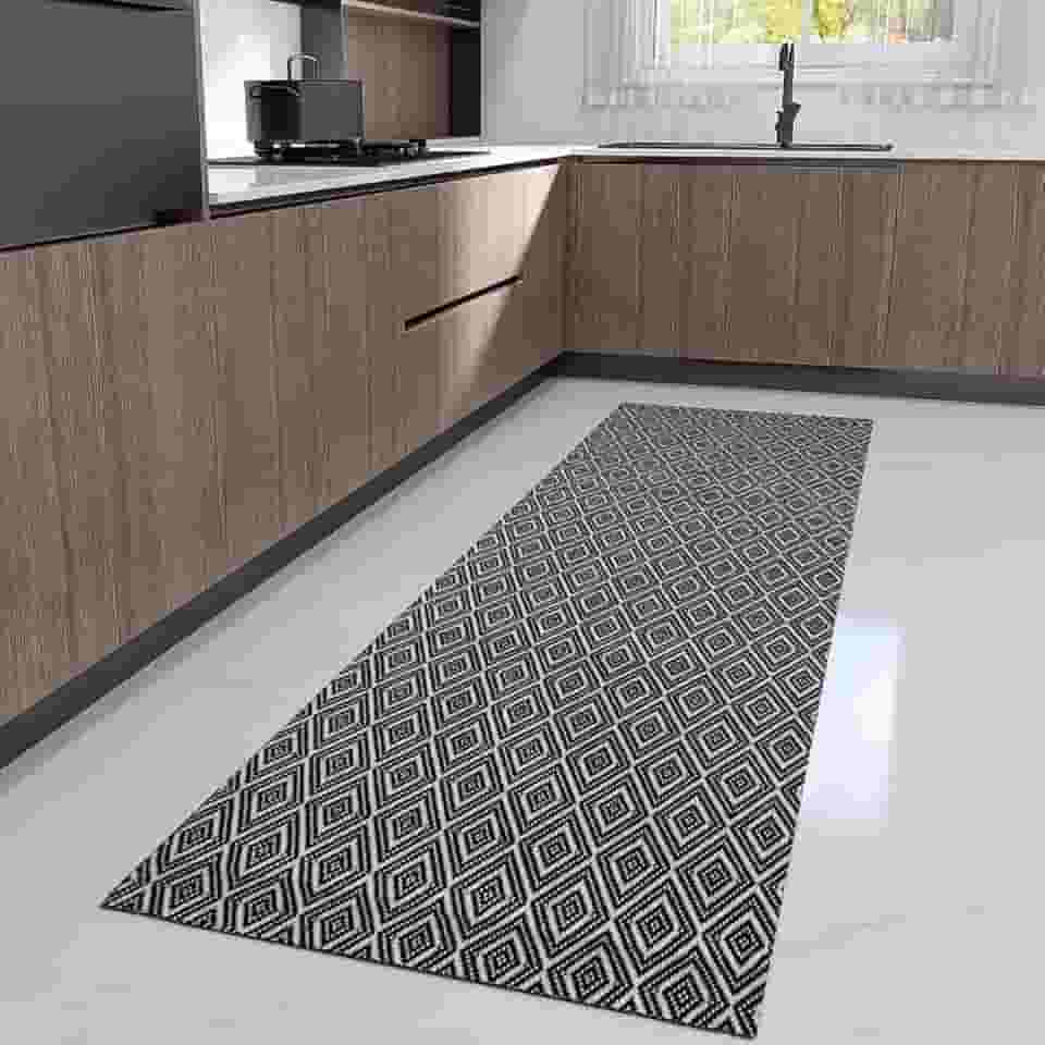 Tapete Passadeira Cozinha 45cm x 2,00m Artesanal Geométrico Moderno Cru Caramelo Preto Antiderrapante (Preto)