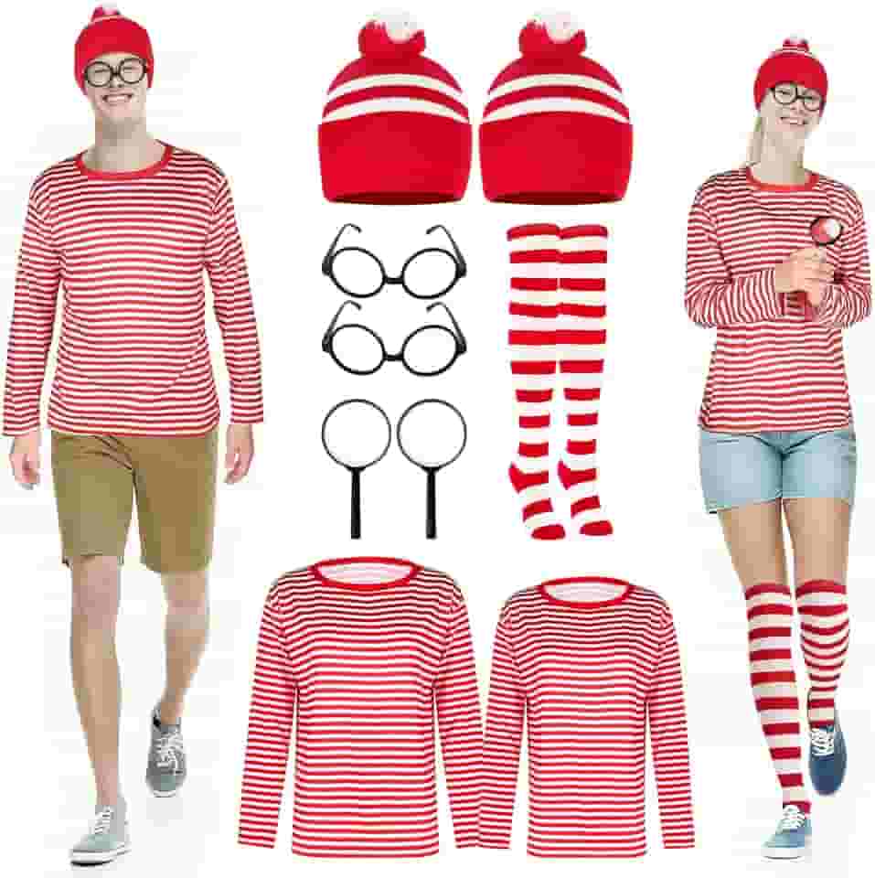 9 peças fantasias de Halloween para casais cosplay camisa listrada vermelha e branca adulto masculino feminino moletom chapéu meia lupa para casal, Halloween, cosplay, festa à fantasia