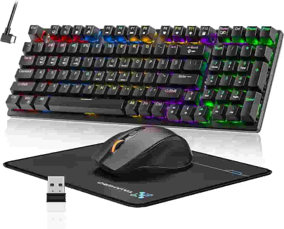 Combo de teclado e mouse para jogos mecânicos sem fio, bateria recarregável de 2000 mAh RGB de 98 teclas, 3 modos BT5.0/2.4G/USB-C, teclado mecânico antirfantasma para PC, laptop, gamer e negócios
