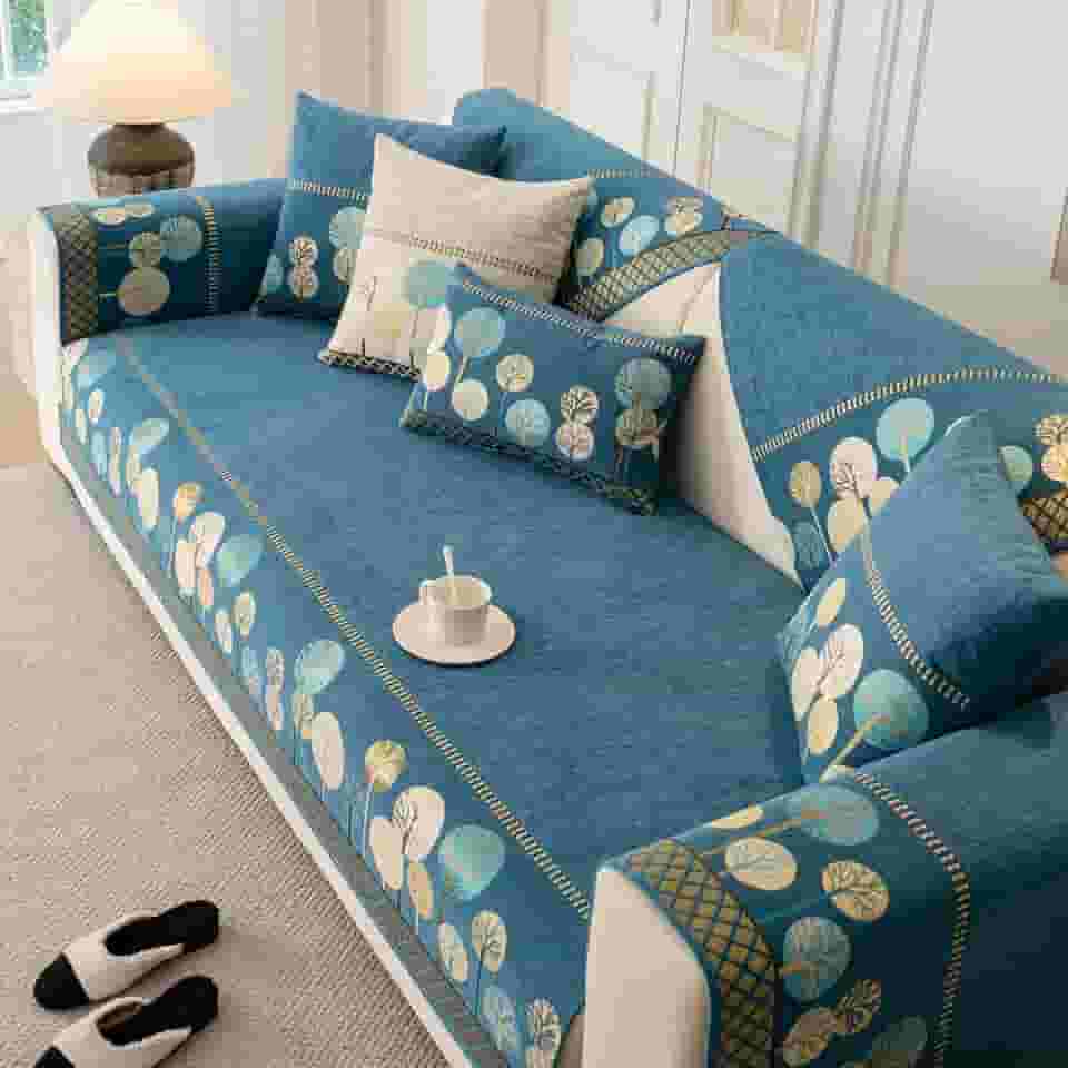 Capa de Sofá Boho, Antiderrapante, Lavável, Chenille (Azul, 91 x 160 cm/Capa de Sofá Amorosa)