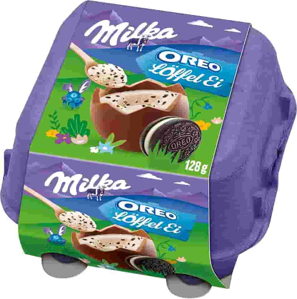 Ovo de Páscoa de Colher Milka Spoonable Creme e Oreo 128g (4 unidades de 32g cada) + Colher de Madeira
