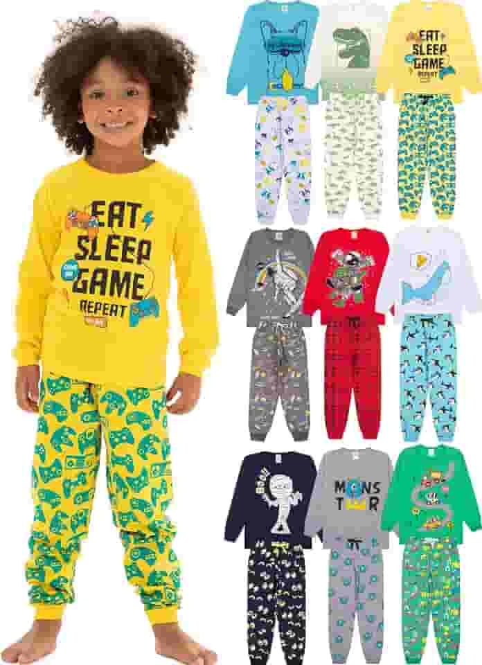 Kit Sortido 6 Peças Pijamas Bebê Menino Longo - 3 Pijamas de Roupa Infantil Masculino de Algodão