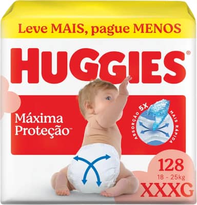 Fralda Descartável Huggies Máxima Proteção Tamanho XXXG 128 unidades – Fralda com tecnologia Xtra-Flex, canais em X que se adaptam aos movimentos e máxima proteção