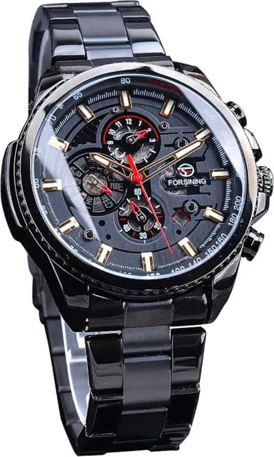 Relógio de pulso masculino Forsining multifuncional, preto, de aço inoxidável, esportivo, militar, automático, de luxo, marca