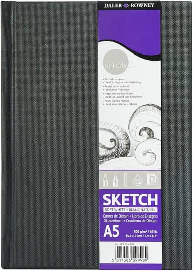 Daler-Rowney Simply Medium Grain 100gsm Hardback A5 Sketchbook, branco macio, 54 folhas, bloco de desenho básico, ideal para artistas iniciantes e amadores