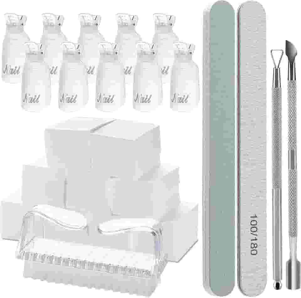 Hoewina Kit de Ferramentas para Remoção de Esmalte Em Gel, com 10 Clipes de Unha, 400 Unidades de Toalhetes Sem Fiapos, Limas de Unha 100/180, Bloco Tampão 400/4000, Escova de Unhas, Empurrador de Cutícula e Descascador (Transparente)