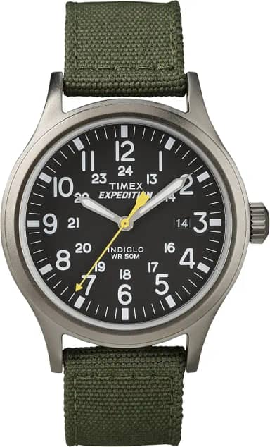 Relógio masculino Expedition Scout de 40 mm – caixa preta e mostrador com pulseira deslizante de couro oliva