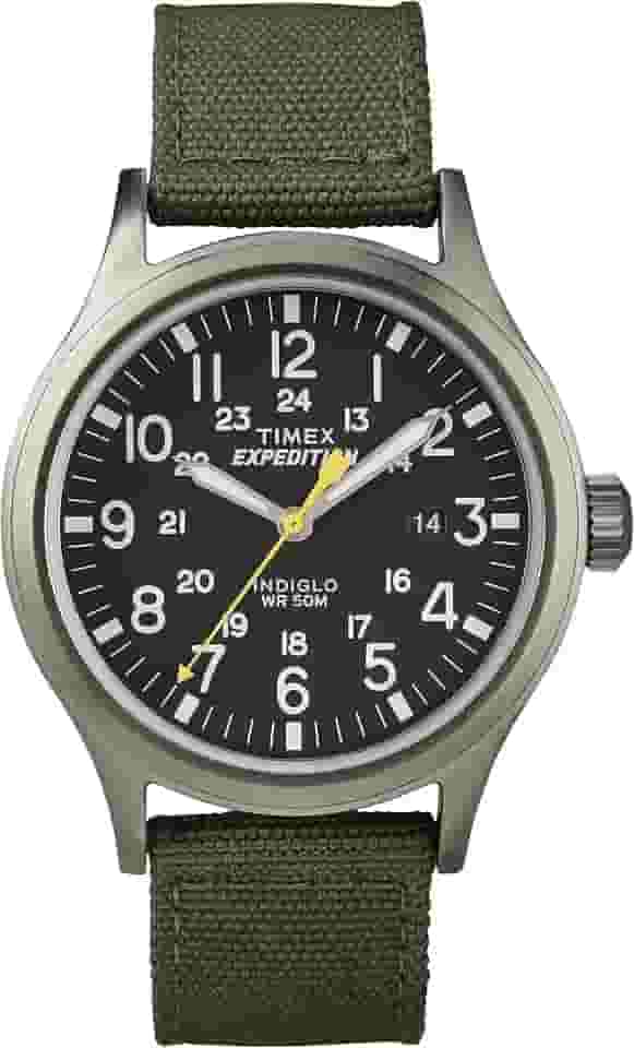 Relógio masculino Expedition Scout de 40 mm – caixa preta e mostrador com pulseira deslizante de couro oliva